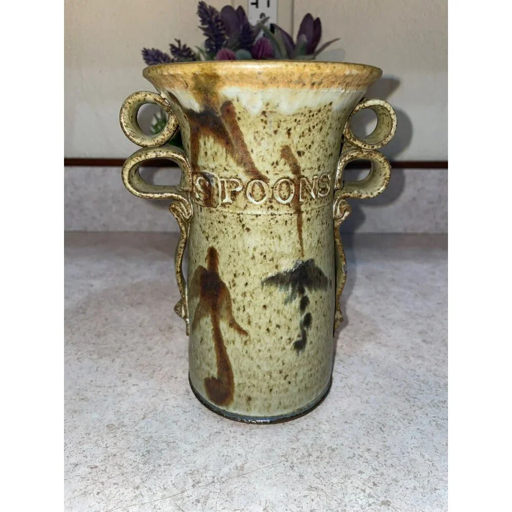 Vintage Ceramic Spoon Holder With Textured Handles & Unique Glaze Finish